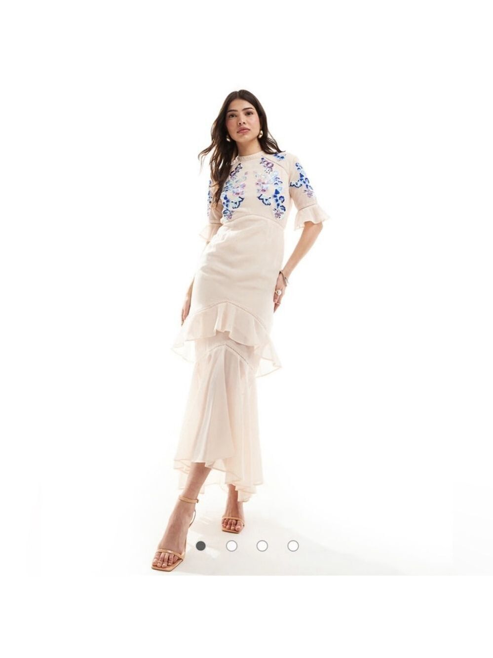 Hope & Ivy tiered maxi dress lace trim blush blue contrast embroidery XS floral